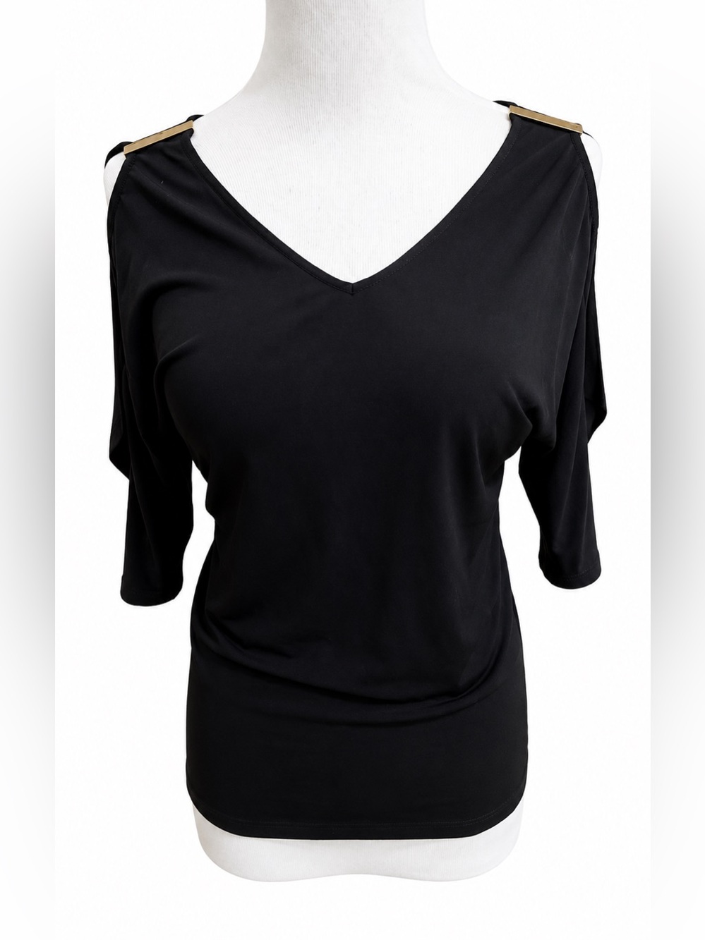 INC Black V-Neck Cold-Shoulder Women's Top Petite Small